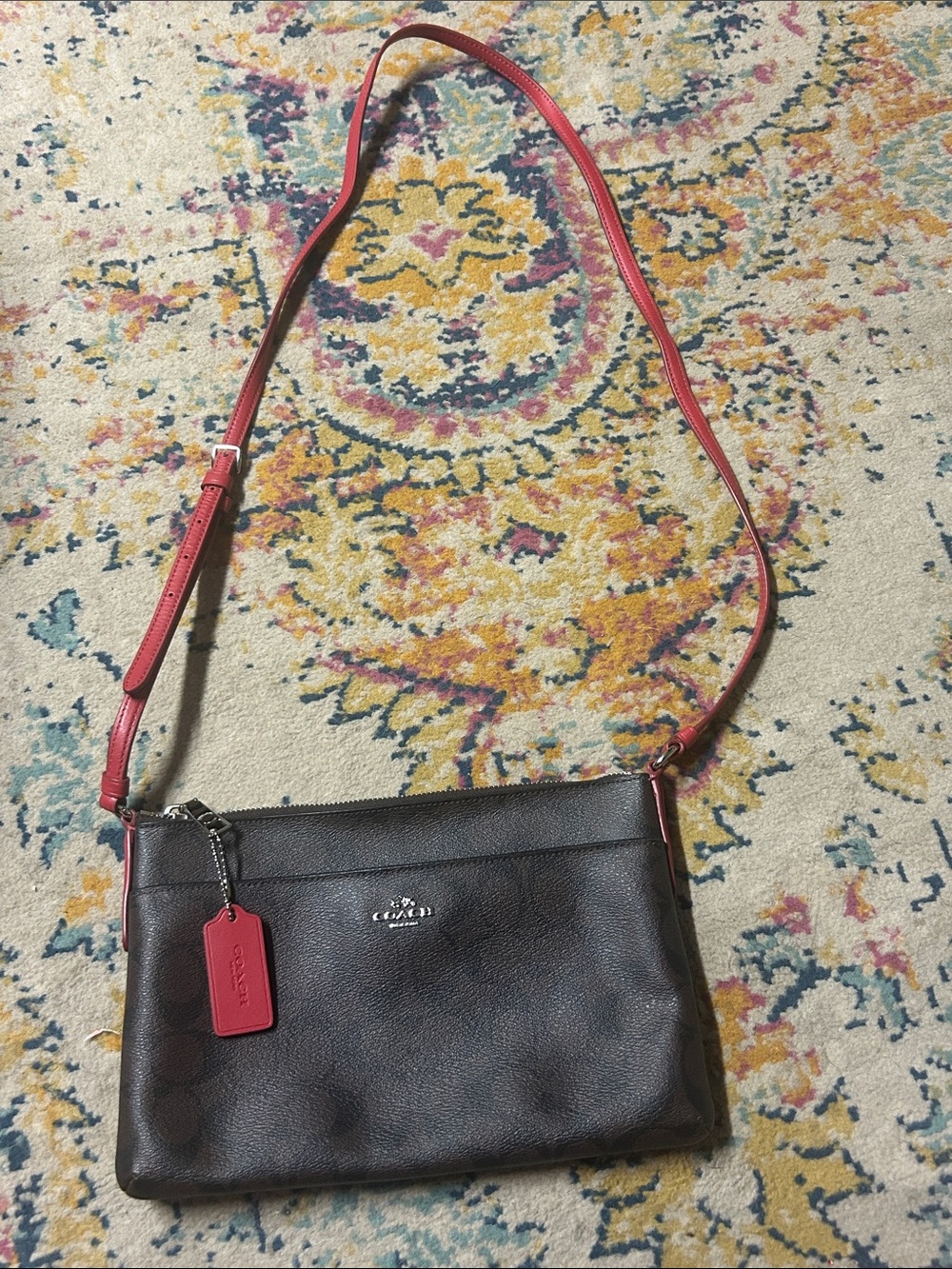Coach Brown Logo Leather Crossbody with Red Strap and Tag